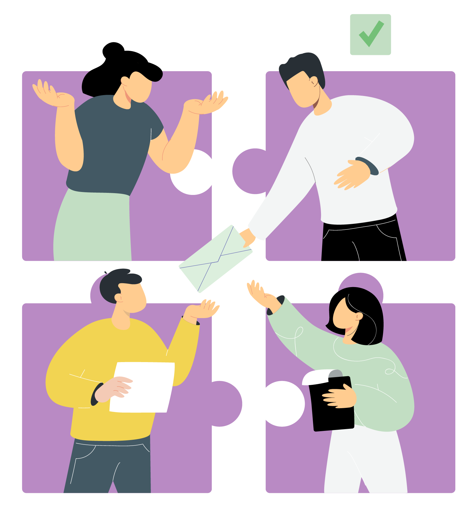 People connecting puzzle online flat vector illustration-trans