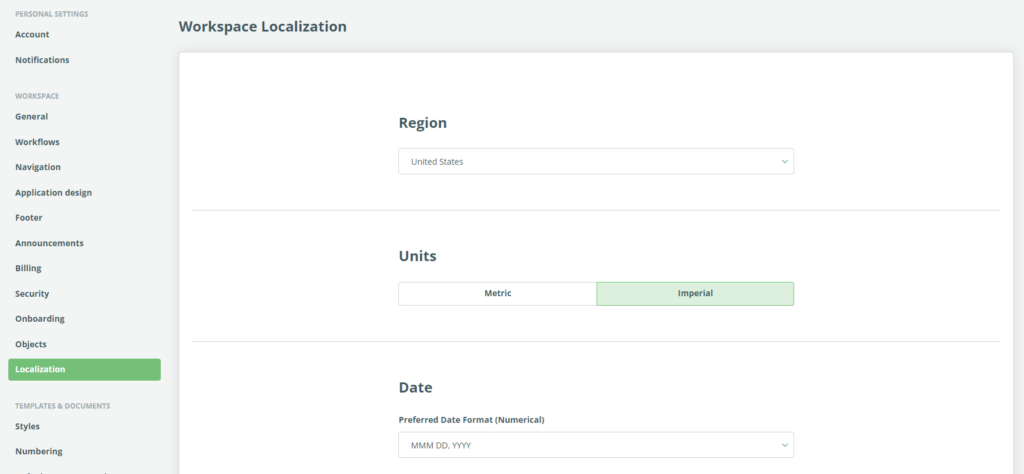 Localization Settings for Workspace