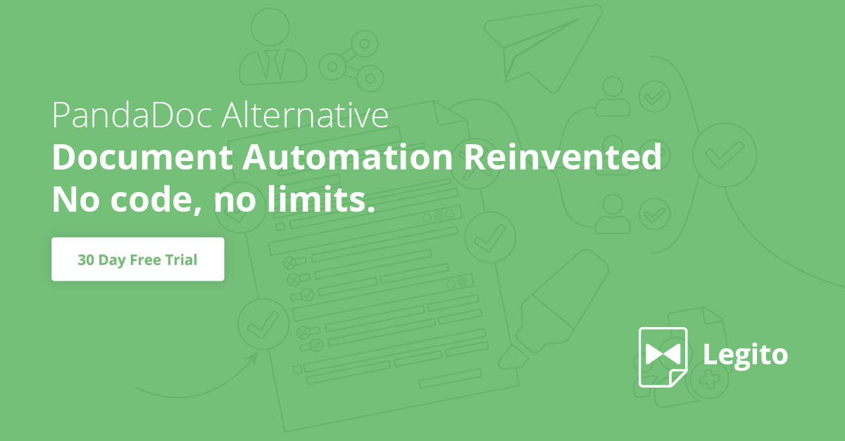Green social media image for the 'Legito: The Ultimate PandaDoc Alternative' post. The image features the text 'PandaDoc Alternative, Document Automation reinvented, no code no limits,' along with a prominent call-to-action (CTA) button offering a 30-day free trial, alluding to Legito's innovation in document automation.